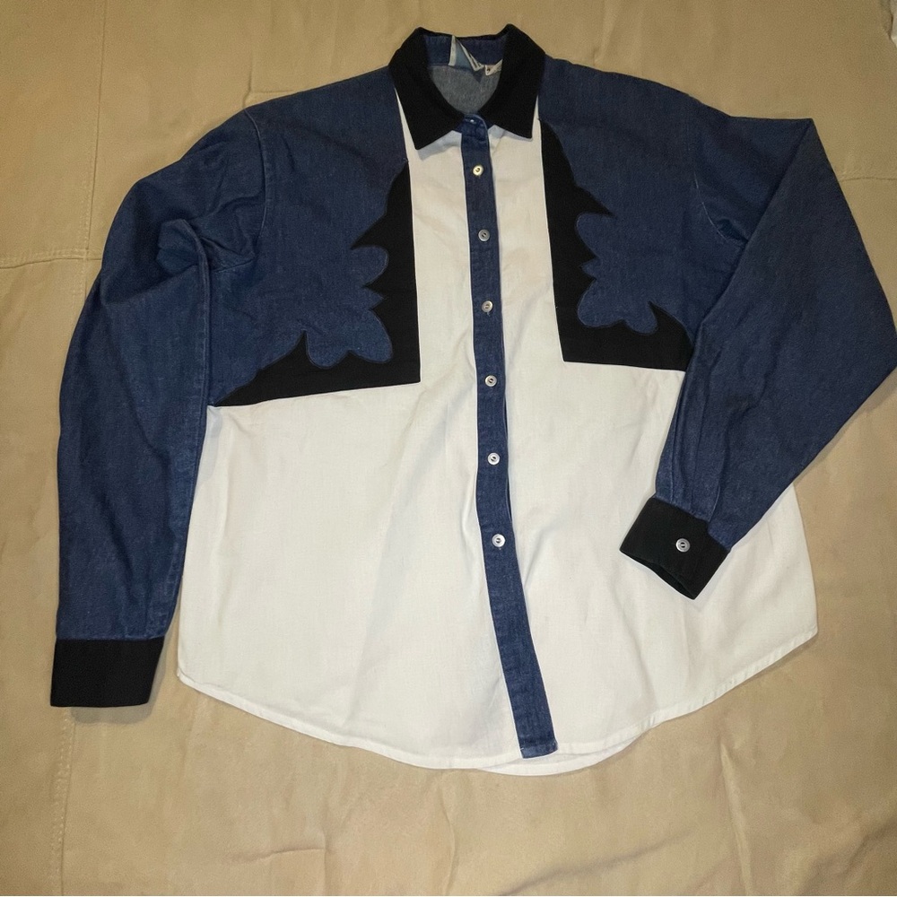 VTG Tillman Western Shirt Women L Black Denim Velvet Button Long Sleeve Retro
